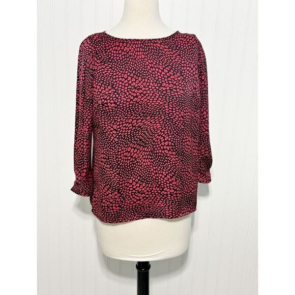 Banana Republic Womens Animal Print Blouse Top Puff Sleeve Red‎ Black Medium - Picture 12 of 12